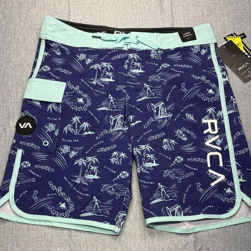 RVCA Navy and Light Green Tropical Board Shorts